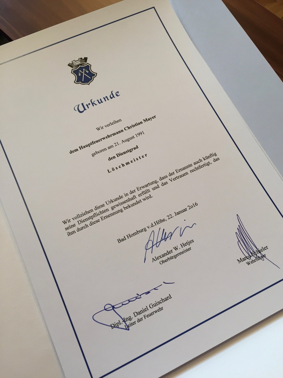 Urkunde der Feuerwehr Bad Homburg