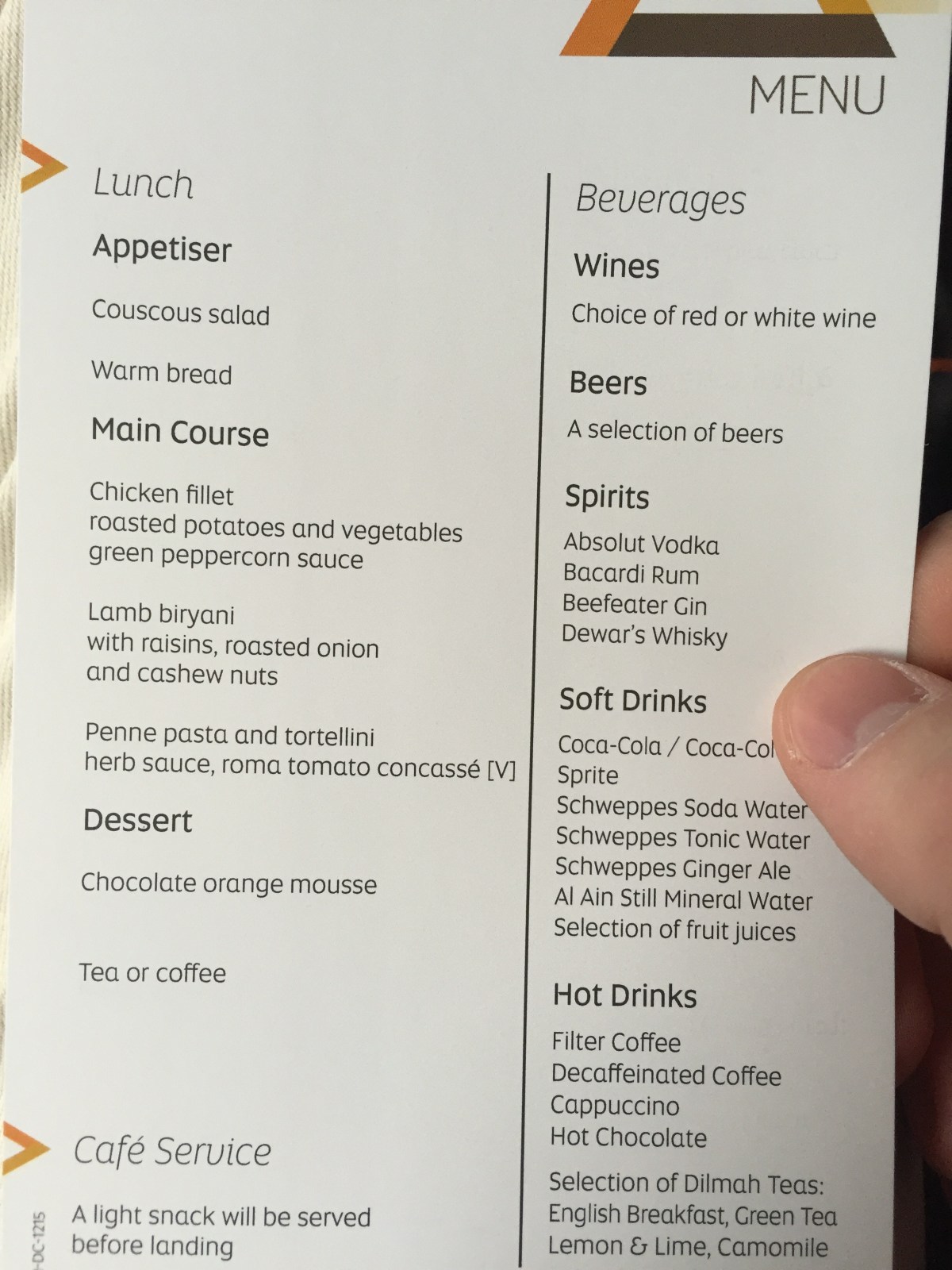 Etihad Airways Essenkarte